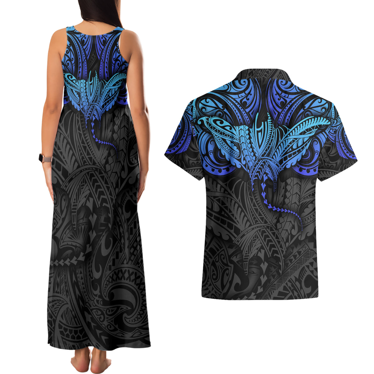 Polynesian Ray Pattern Couples Matching Tank Maxi Dress and Hawaiian Shirt TS04 - Polynesian Pride