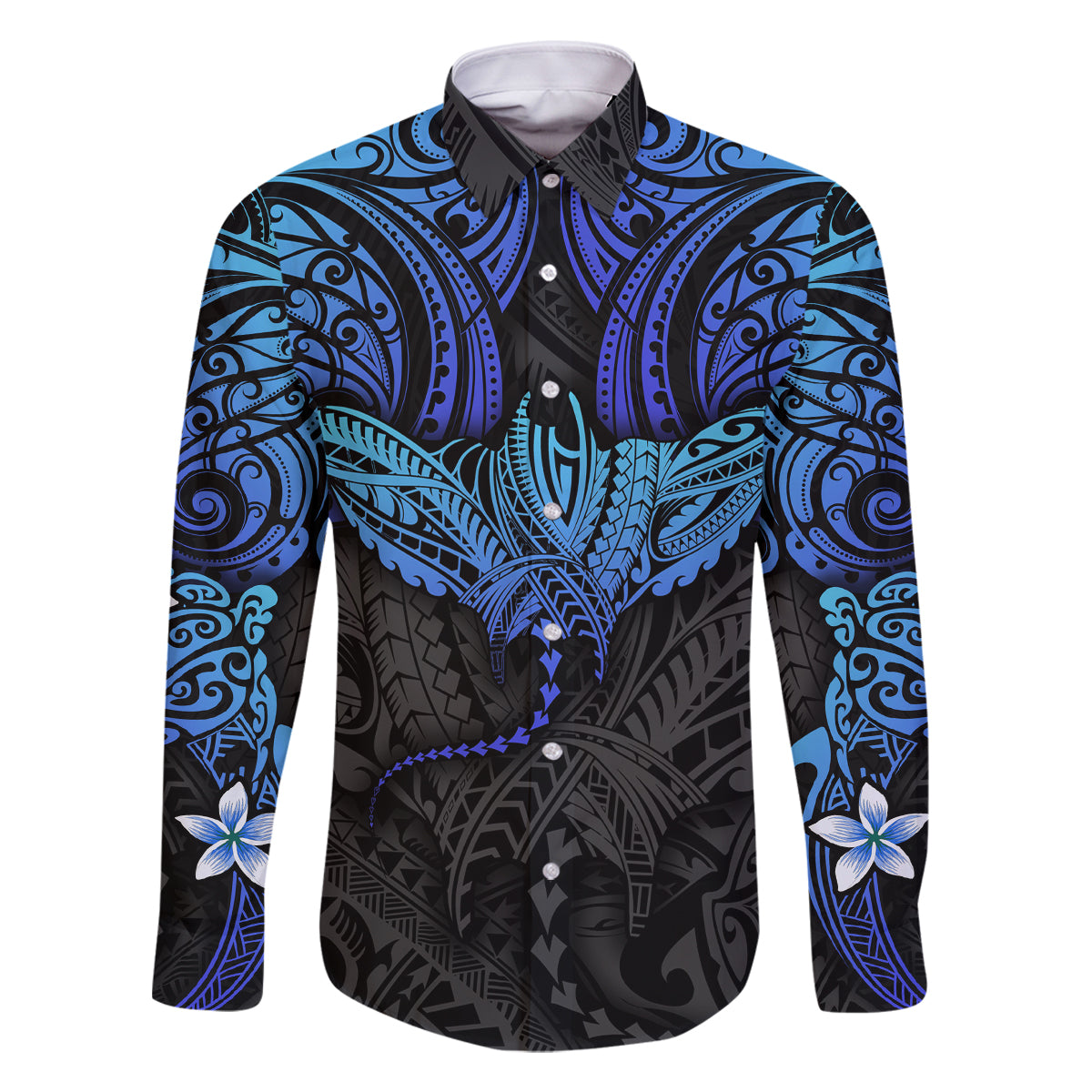 Polynesian Ray Pattern Family Matching Long Sleeve Bodycon Dress and Hawaiian Shirt TS04 Dad's Shirt - Long Sleeve Black/Blue - Polynesian Pride