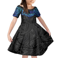 Polynesian Ray Pattern Family Matching Summer Maxi Dress and Hawaiian Shirt TS04 Daughter's Dress Black/Blue - Polynesian Pride