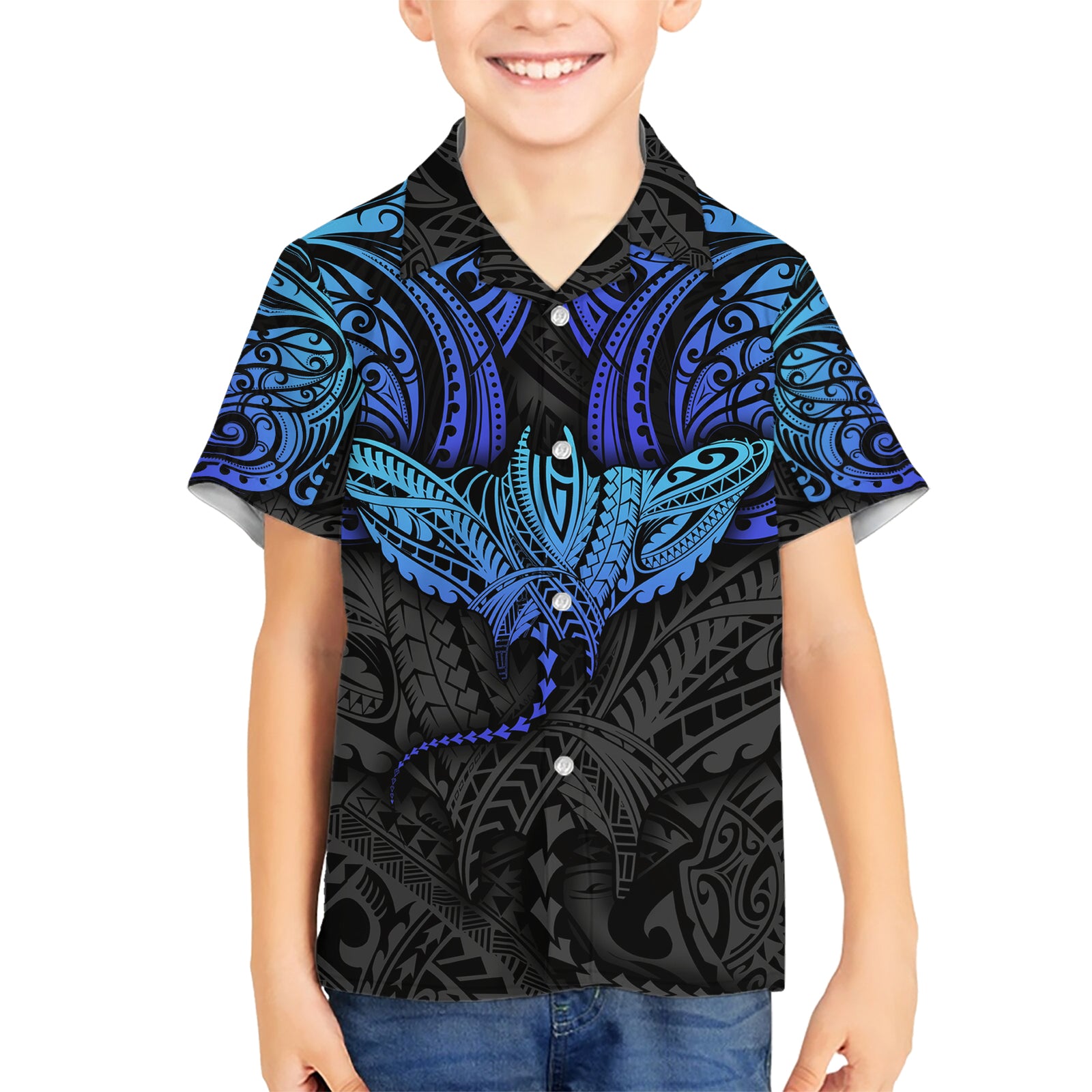 Polynesian Ray Pattern Kid Hawaiian Shirt TS04 Kid Black Blue - Polynesian Pride