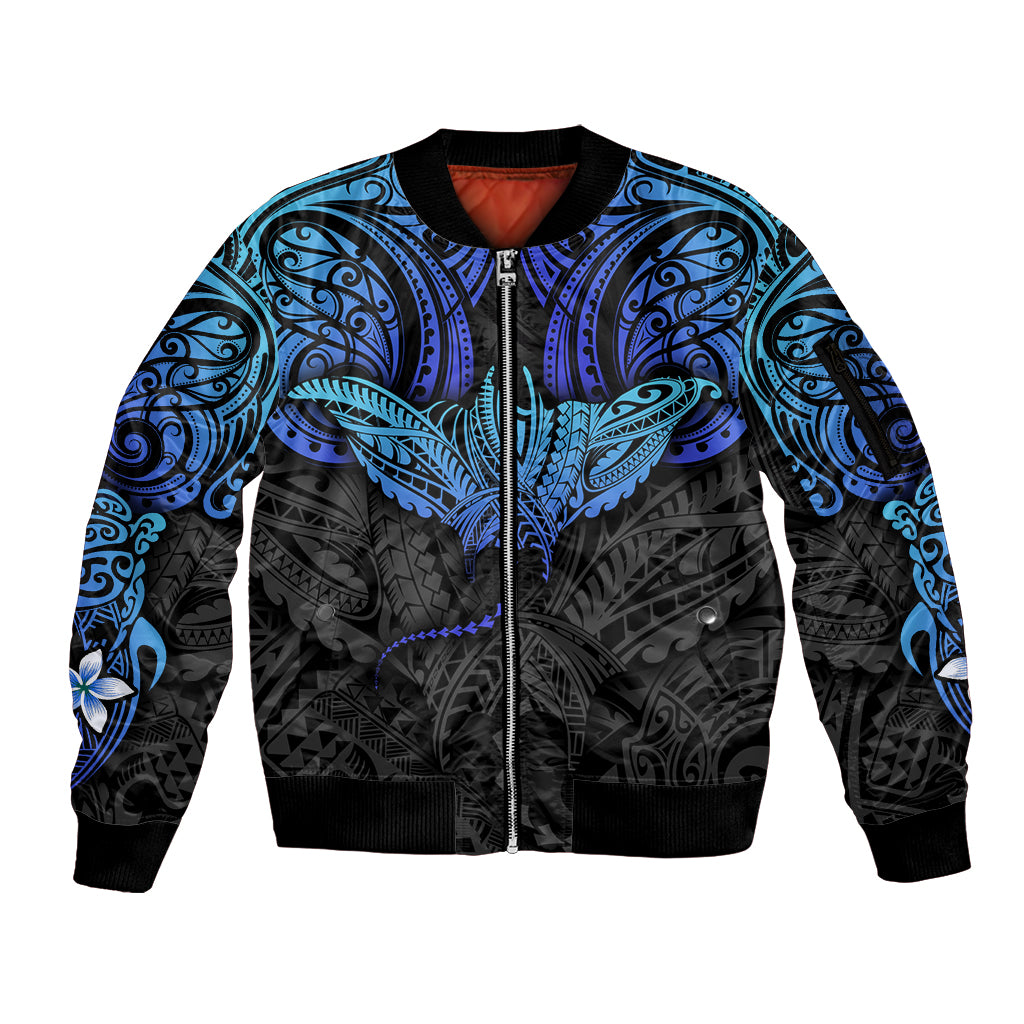 Polynesian Ray Pattern Sleeve Zip Bomber Jacket TS04 Unisex Black Blue - Polynesian Pride