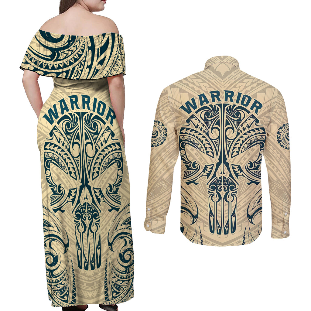 Polynesian Couples Matching Off Shoulder Maxi Dress and Long Sleeve Button Shirts Warrior Skull with Tribal Patterns Tattoo Design TS04 - Polynesian Pride