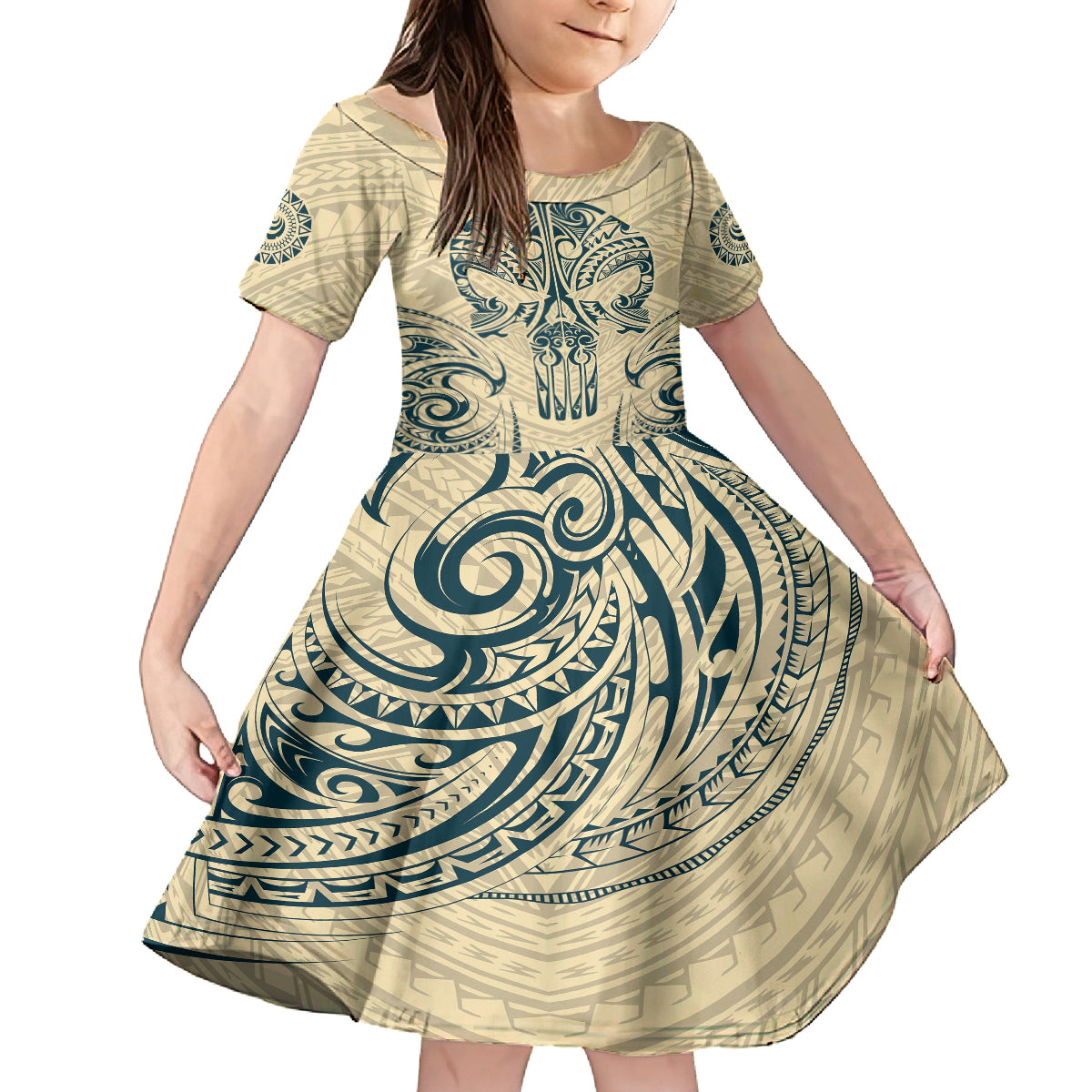 Polynesian Family Matching Tank Maxi Dress and Hawaiian Shirt Warrior Skull with Tribal Patterns Tattoo Design TS04 Daughter's Dress Yellow - Polynesian Pride