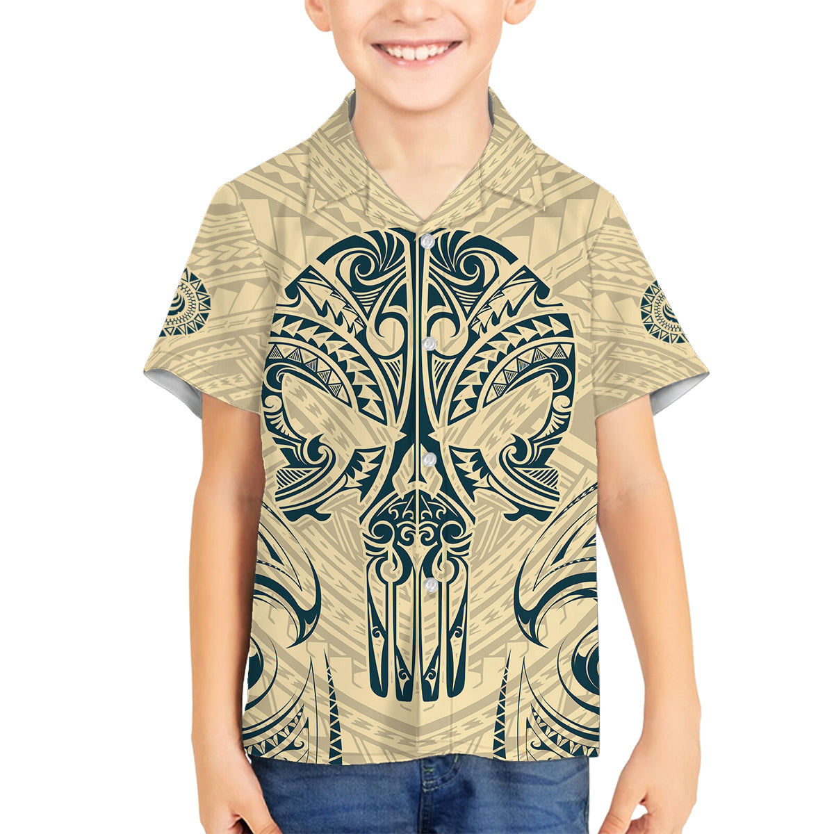 Polynesian Family Matching Tank Maxi Dress and Hawaiian Shirt Warrior Skull with Tribal Patterns Tattoo Design TS04 Son's Shirt Yellow - Polynesian Pride