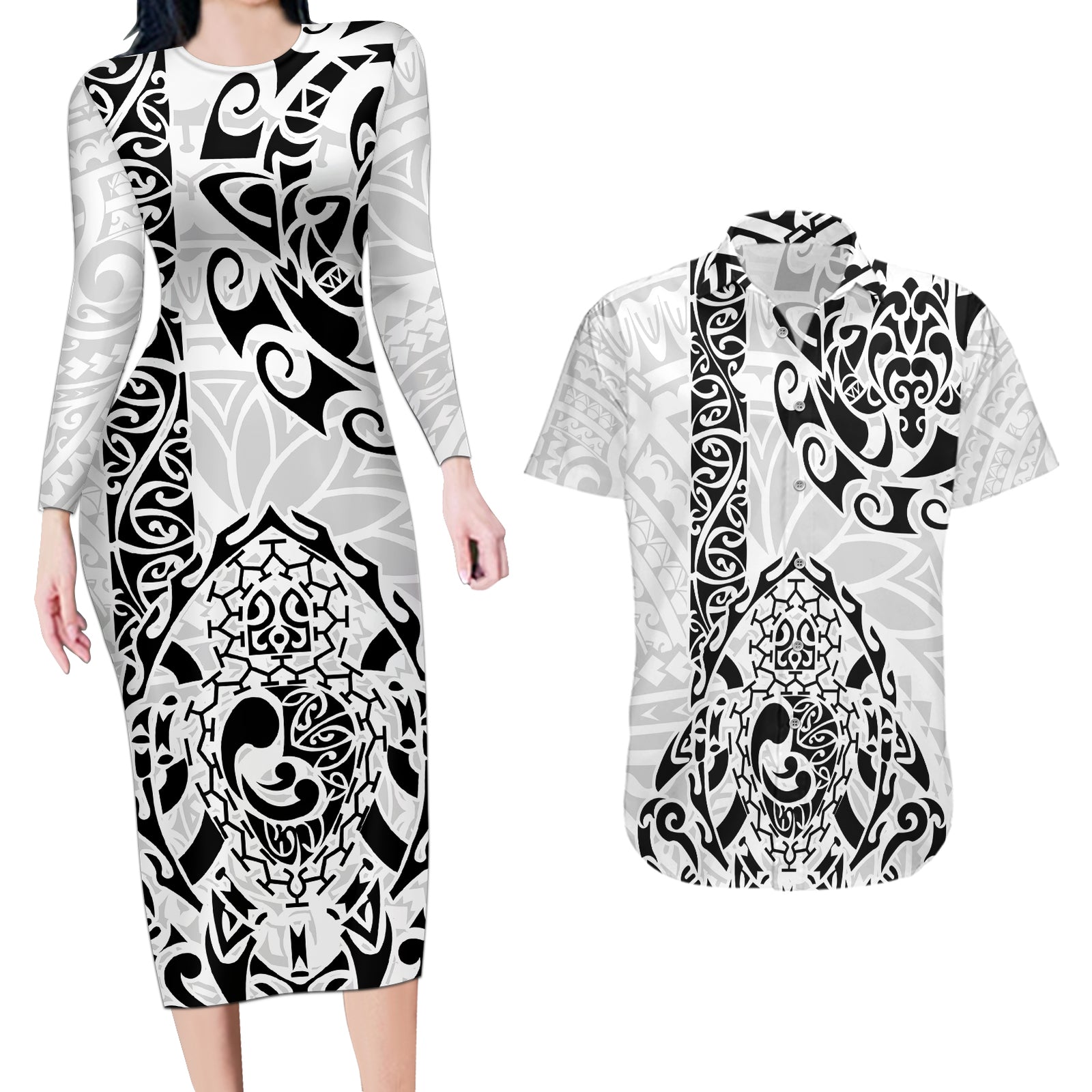Hawaii Couples Matching Long Sleeve Bodycon Dress and Hawaiian Shirt with Polynesian Turtle TS04 Black White - Polynesian Pride
