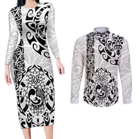Hawaii Couples Matching Long Sleeve Bodycon Dress and Long Sleeve Button Shirts with Polynesian Turtle TS04 Black/White - Polynesian Pride