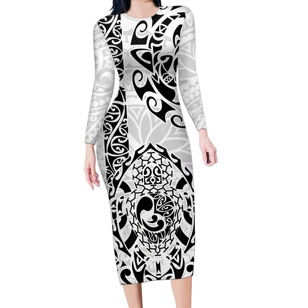 Hawaii Family Matching Long Sleeve Bodycon Dress and Hawaiian Shirt with Polynesian Turtle TS04 Mom's Dress Black White - Polynesian Pride