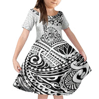 Hawaii Family Matching Off Shoulder Long Sleeve Dress and Hawaiian Shirt with Polynesian Turtle TS04 Daughter's Dress Black White - Polynesian Pride