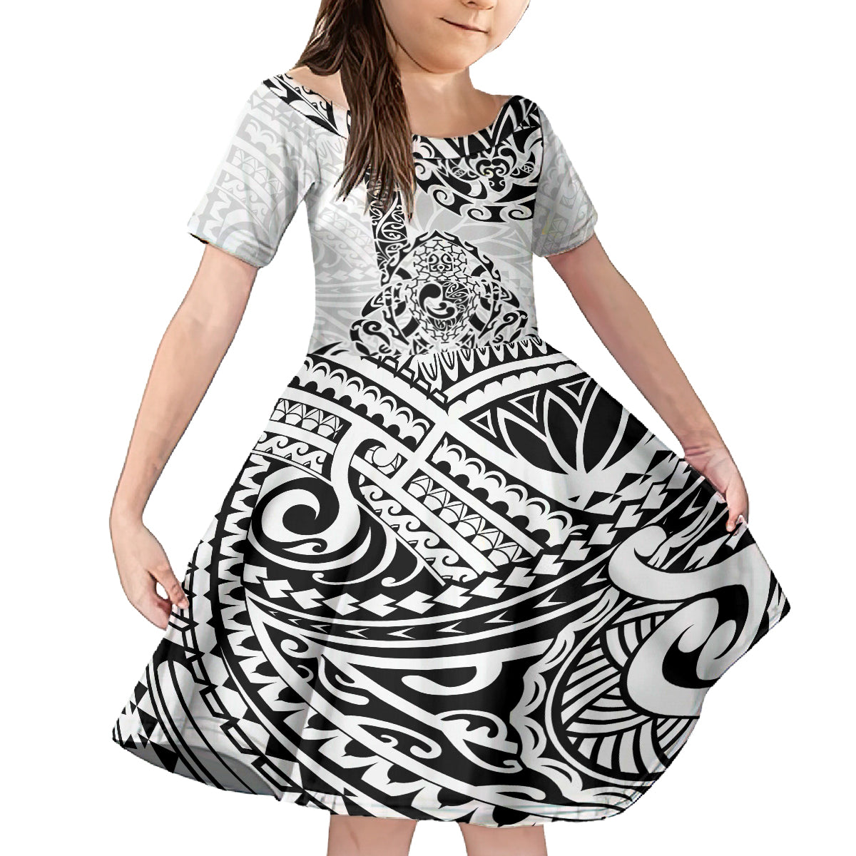 Hawaii Family Matching Puletasi Dress and Hawaiian Shirt with Polynesian Turtle TS04 Daughter's Dress Black White - Polynesian Pride