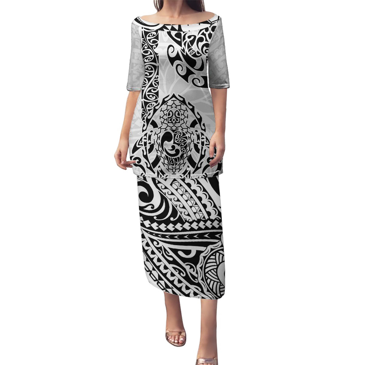Hawaii Family Matching Puletasi Dress and Hawaiian Shirt with Polynesian Turtle TS04 Mom's Dress Black White - Polynesian Pride
