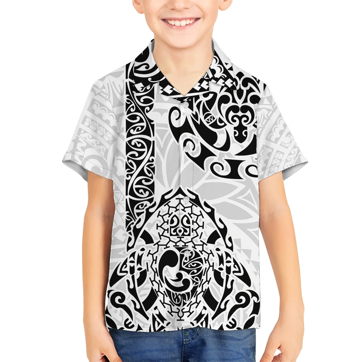 Hawaii Family Matching Puletasi Dress and Hawaiian Shirt with Polynesian Turtle TS04 Son's Shirt Black White - Polynesian Pride