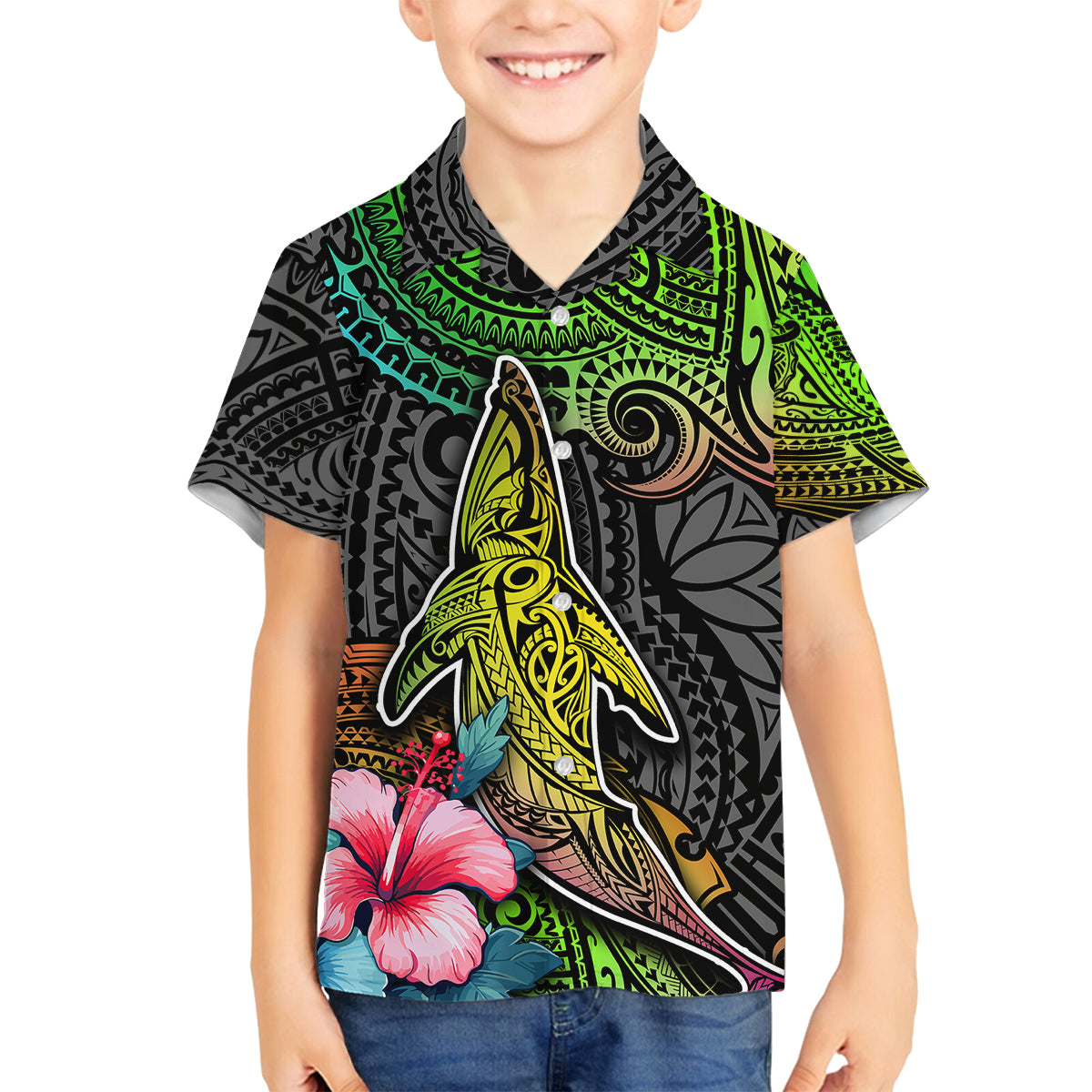 Polynesian Family Matching Off Shoulder Long Sleeve Dress and Hawaiian Shirt Whales and Compass Gradient Pattern TS04 Son's Shirt Gradient - Polynesian Pride