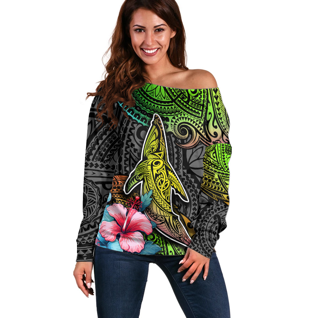 Polynesian Off Shoulder Sweater Whales and Compass Gradient Pattern TS04 Women Gradient - Polynesian Pride