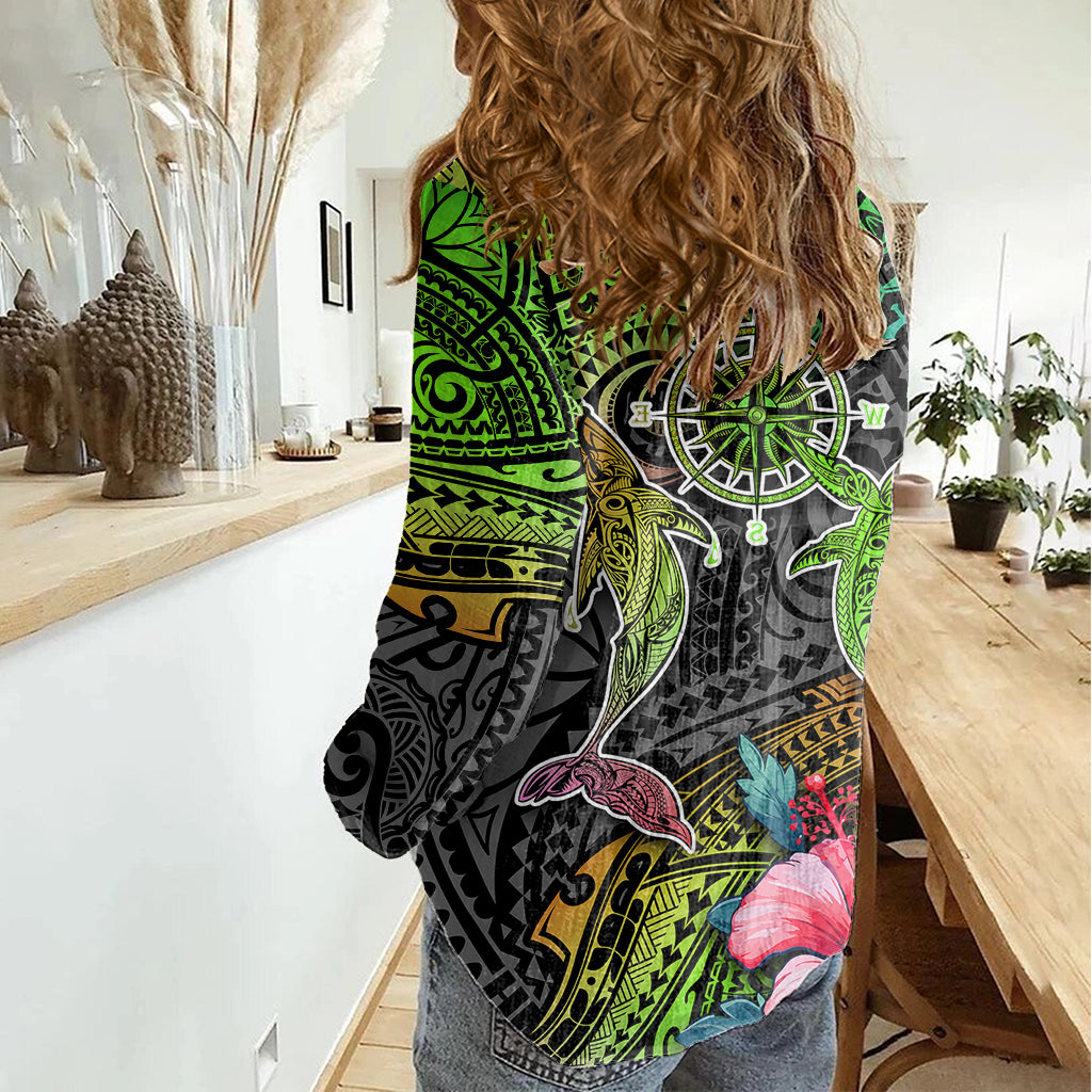 Polynesian Women Casual Shirt Whales and Compass Gradient Pattern TS04 - Polynesian Pride