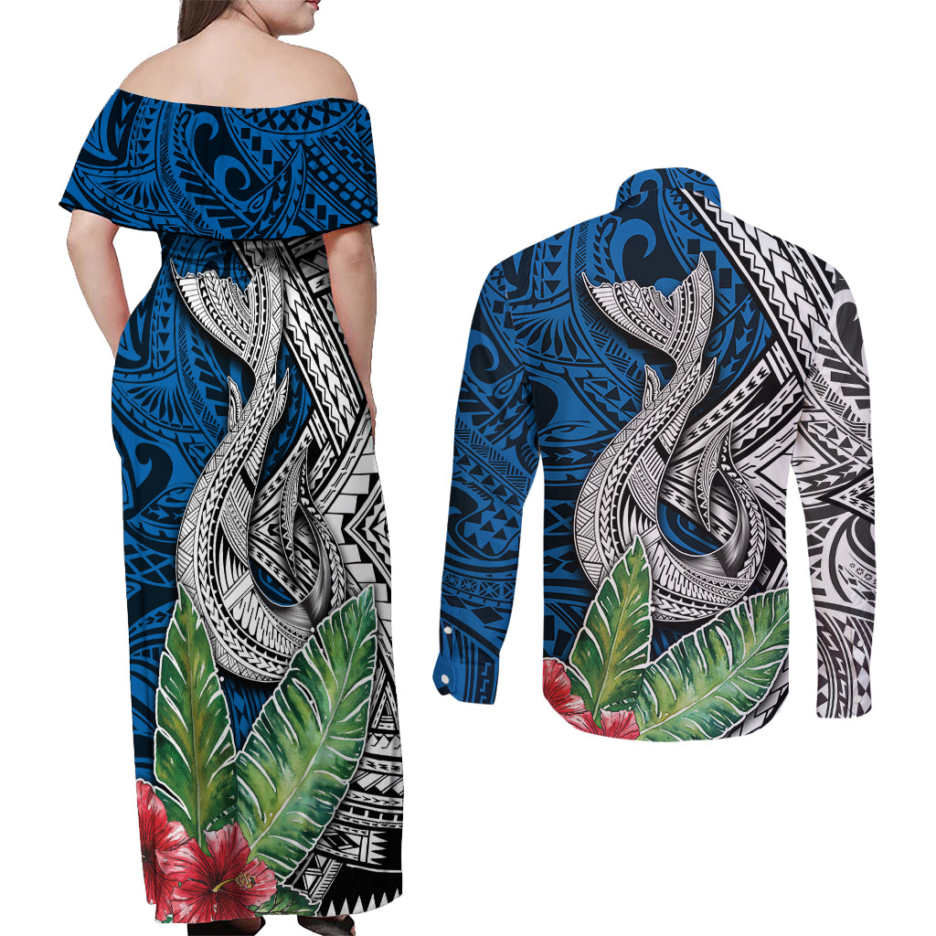 Polynesian Couples Matching Off Shoulder Maxi Dress and Long Sleeve Button Shirts Whale Pattern and Hibiscus Flowers TS04 - Polynesian Pride