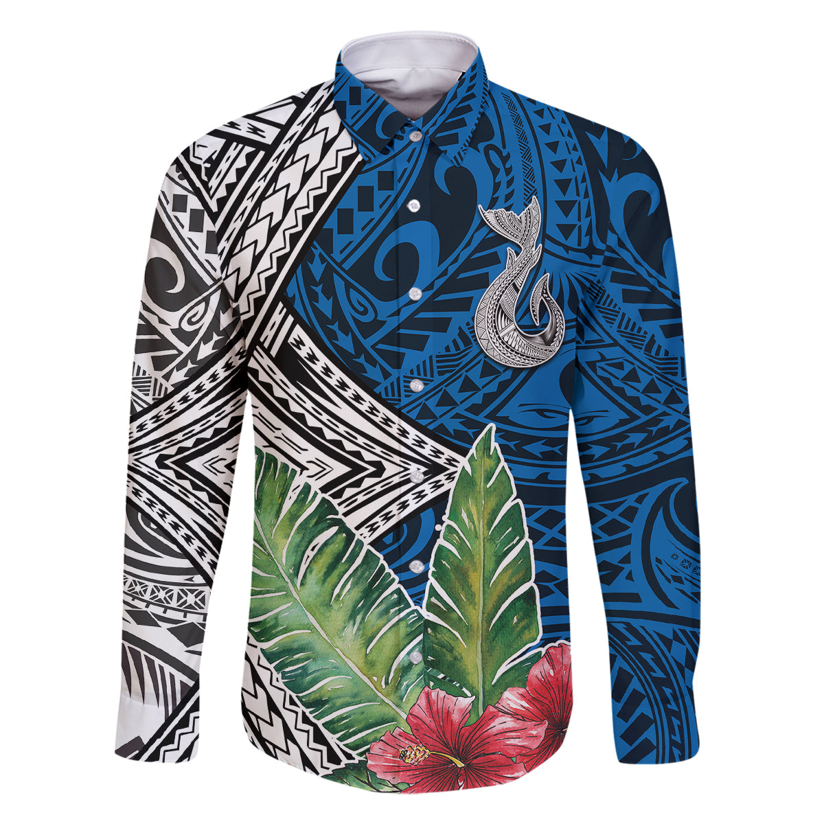 Polynesian Family Matching Off Shoulder Maxi Dress and Hawaiian Shirt Whale Pattern and Hibiscus Flowers TS04 Dad's Shirt - Long Sleeve Multicolor - Polynesian Pride