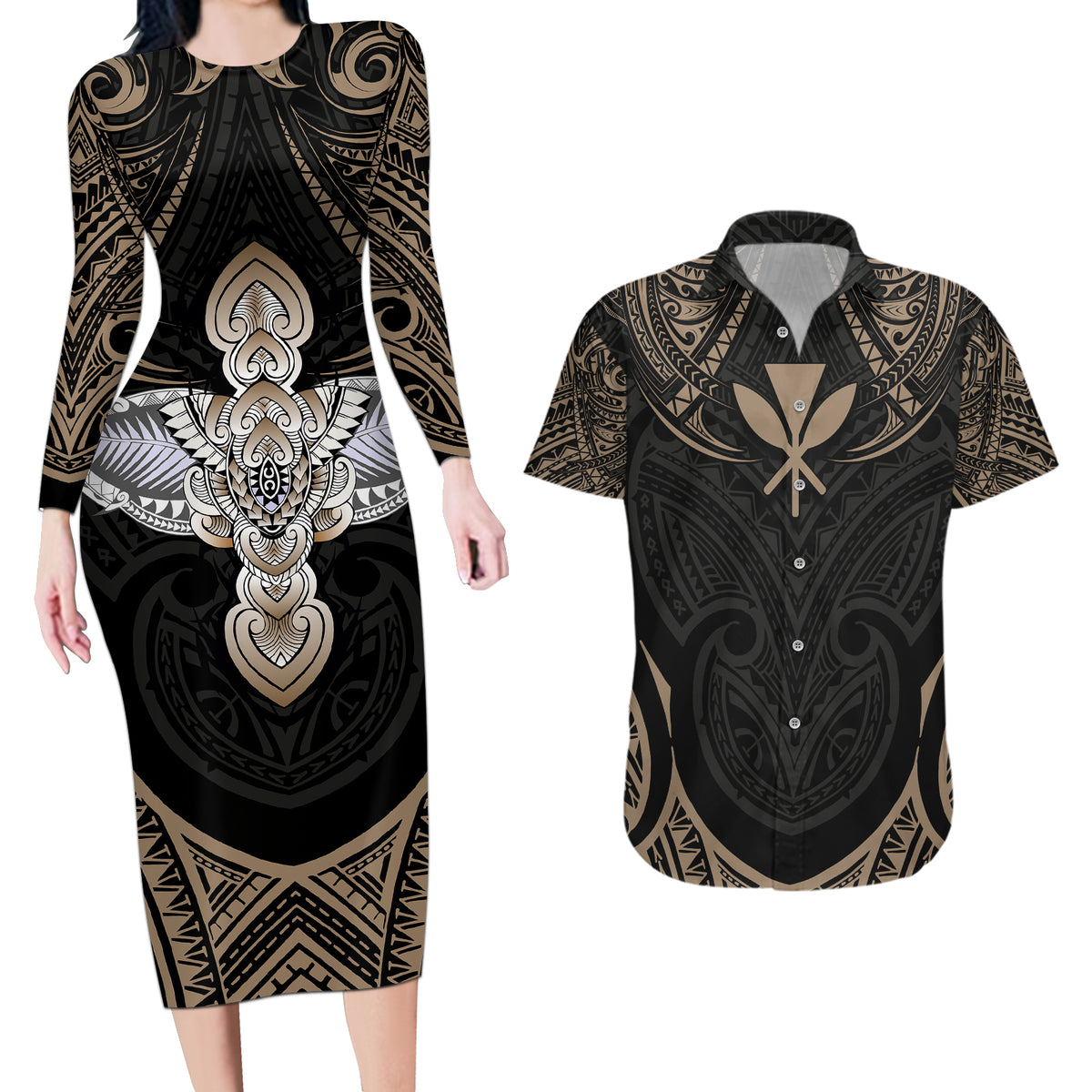 Polynesian Hawaii Tattoo Couples Matching Long Sleeve Bodycon Dress and Hawaiian Shirt TS04 Multicolor - Polynesian Pride