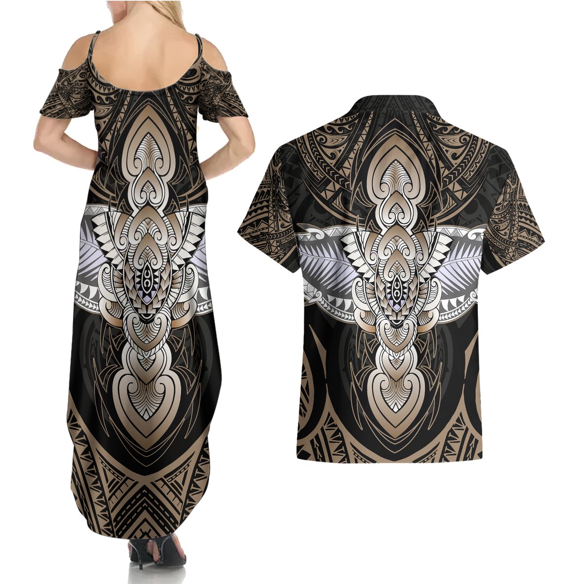 Polynesian Hawaii Tattoo Couples Matching Summer Maxi Dress and Hawaiian Shirt TS04 - Polynesian Pride