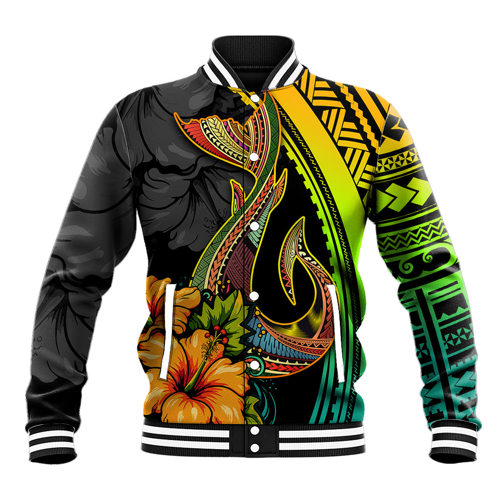 Hawaii Baseball Jacket Polynesian Fish Hook and Hibiscus Flowers with Gradient Pattern TS04 Unisex Multicolor - Polynesian Pride