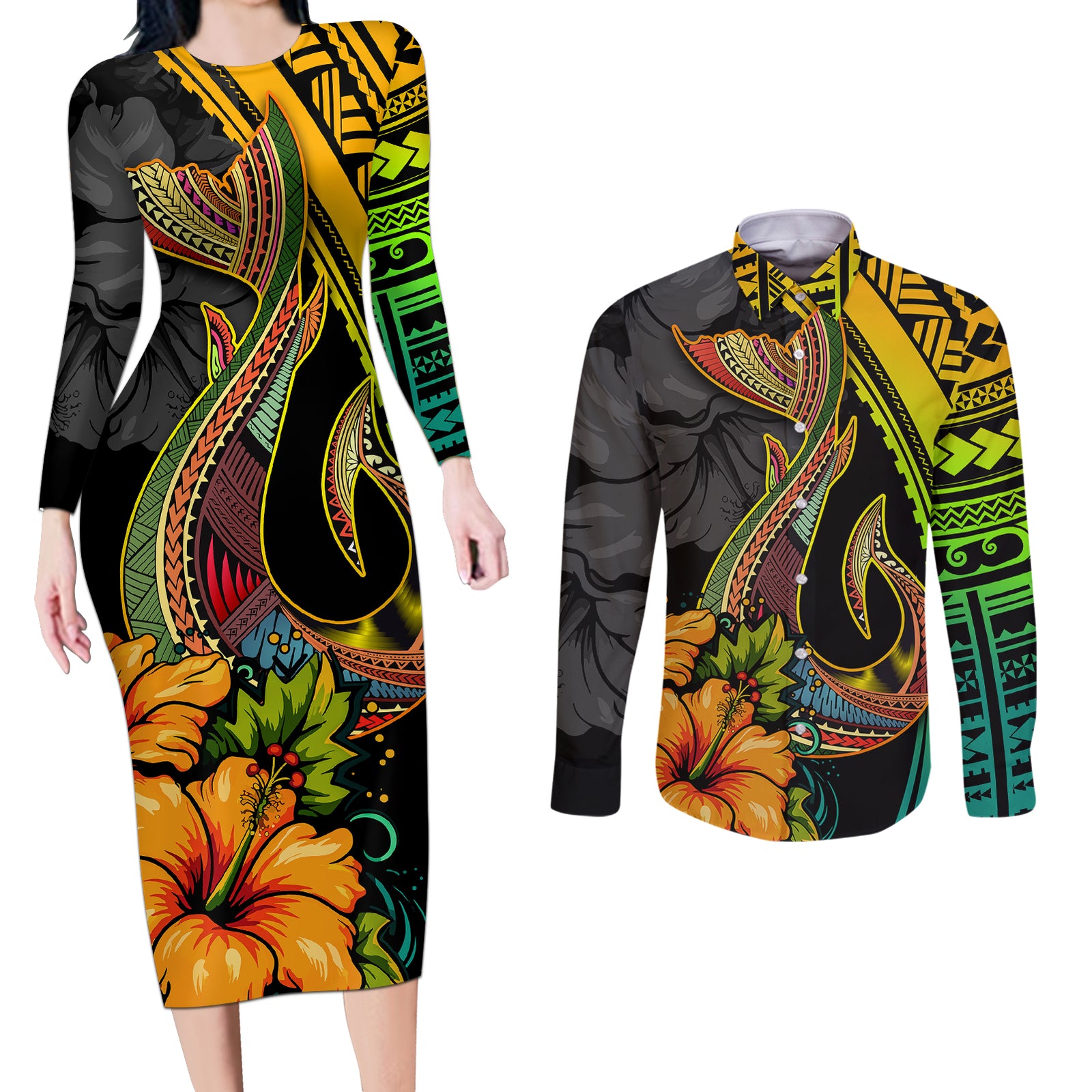 Hawaii Couples Matching Long Sleeve Bodycon Dress and Long Sleeve Button Shirts Polynesian Fish Hook and Hibiscus Flowers with Gradient Pattern TS04 Multicolor - Polynesian Pride
