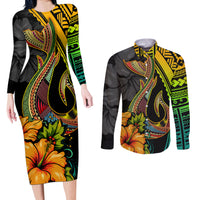 Hawaii Couples Matching Long Sleeve Bodycon Dress and Long Sleeve Button Shirts Polynesian Fish Hook and Hibiscus Flowers with Gradient Pattern TS04 Multicolor - Polynesian Pride