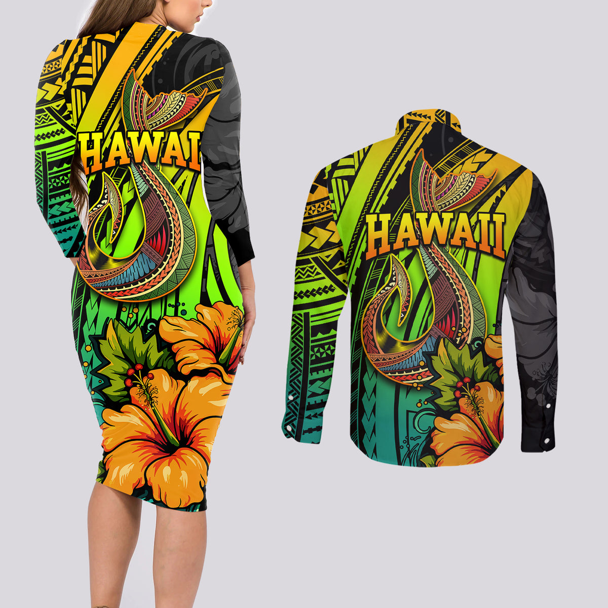 Hawaii Couples Matching Long Sleeve Bodycon Dress and Long Sleeve Button Shirts Polynesian Fish Hook and Hibiscus Flowers with Gradient Pattern TS04 - Polynesian Pride