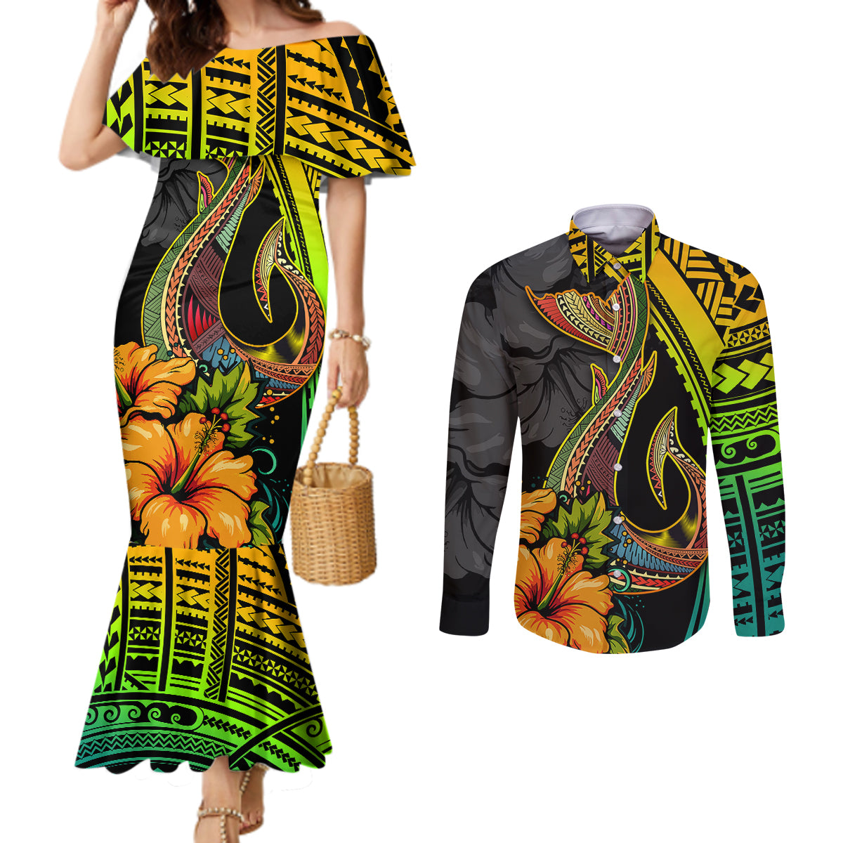Hawaii Couples Matching Mermaid Dress and Long Sleeve Button Shirts Polynesian Fish Hook and Hibiscus Flowers with Gradient Pattern TS04 Multicolor - Polynesian Pride