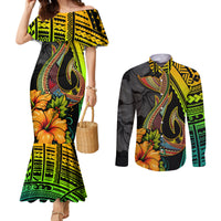 Hawaii Couples Matching Mermaid Dress and Long Sleeve Button Shirts Polynesian Fish Hook and Hibiscus Flowers with Gradient Pattern TS04 Multicolor - Polynesian Pride