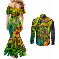 Hawaii Couples Matching Mermaid Dress and Long Sleeve Button Shirts Polynesian Fish Hook and Hibiscus Flowers with Gradient Pattern TS04 - Polynesian Pride