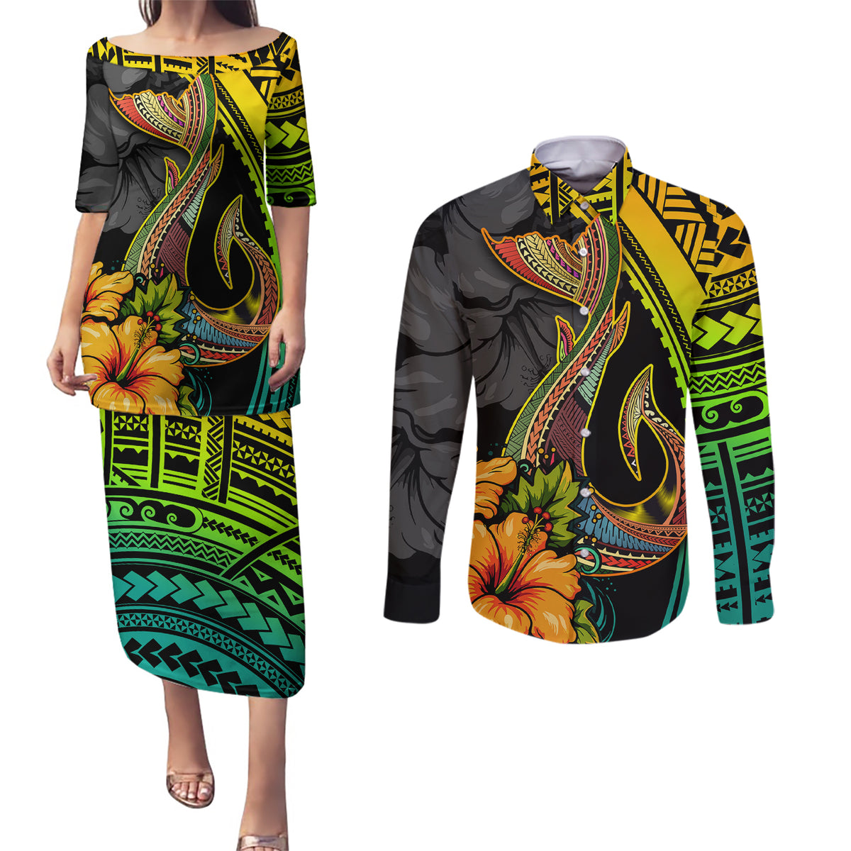 Hawaii Couples Matching Puletasi Dress and Long Sleeve Button Shirts Polynesian Fish Hook and Hibiscus Flowers with Gradient Pattern TS04 Multicolor - Polynesian Pride
