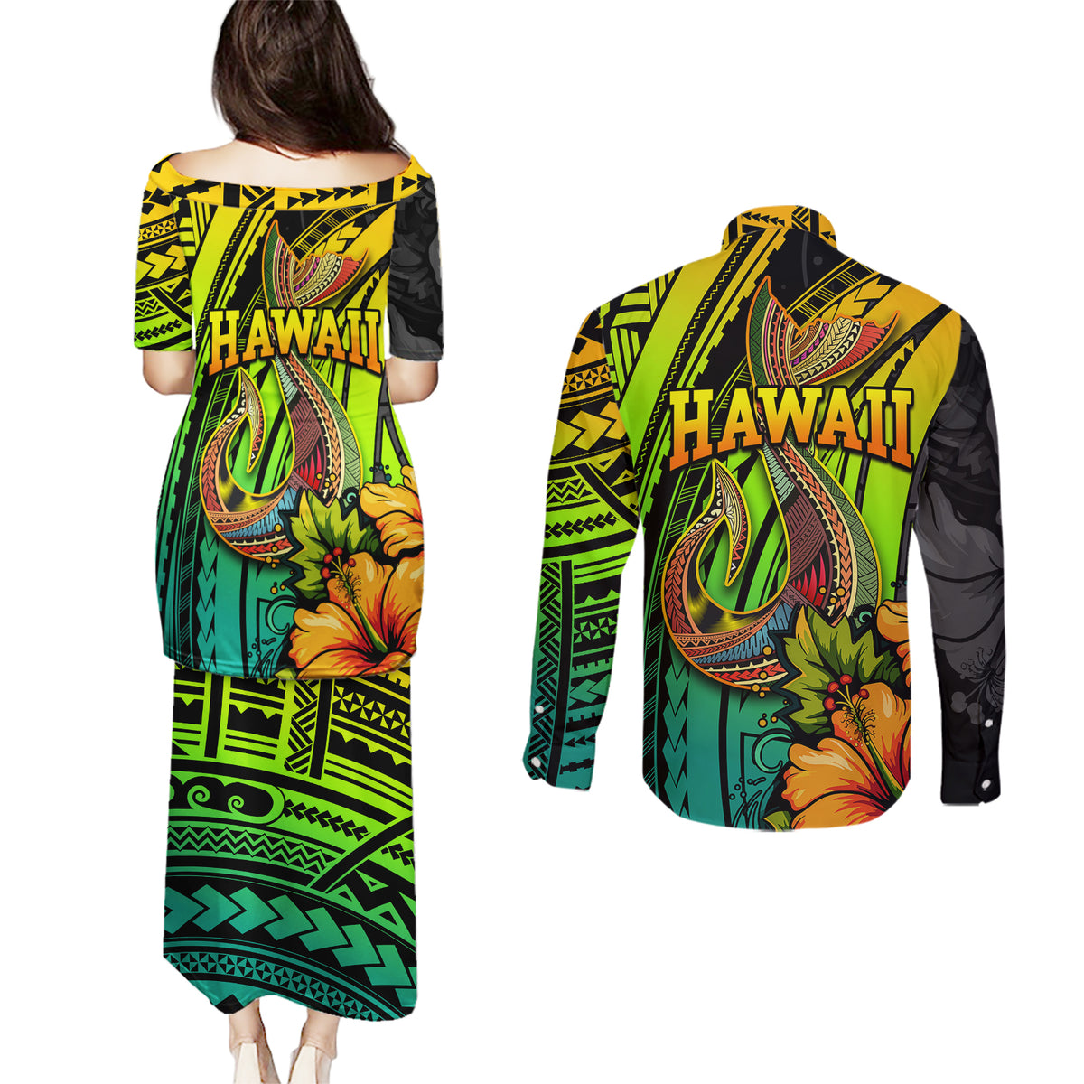 Hawaii Couples Matching Puletasi Dress and Long Sleeve Button Shirts Polynesian Fish Hook and Hibiscus Flowers with Gradient Pattern TS04 - Polynesian Pride
