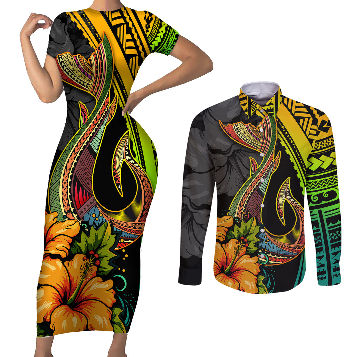 Hawaii Couples Matching Short Sleeve Bodycon Dress and Long Sleeve Button Shirts Polynesian Fish Hook and Hibiscus Flowers with Gradient Pattern TS04 Multicolor - Polynesian Pride