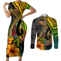 Hawaii Couples Matching Short Sleeve Bodycon Dress and Long Sleeve Button Shirts Polynesian Fish Hook and Hibiscus Flowers with Gradient Pattern TS04 Multicolor - Polynesian Pride