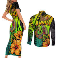 Hawaii Couples Matching Short Sleeve Bodycon Dress and Long Sleeve Button Shirts Polynesian Fish Hook and Hibiscus Flowers with Gradient Pattern TS04 - Polynesian Pride