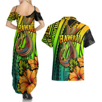 Hawaii Couples Matching Summer Maxi Dress and Hawaiian Shirt Polynesian Fish Hook and Hibiscus Flowers with Gradient Pattern TS04 - Polynesian Pride
