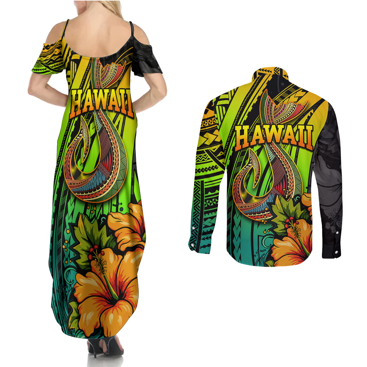 Hawaii Couples Matching Summer Maxi Dress and Long Sleeve Button Shirts Polynesian Fish Hook and Hibiscus Flowers with Gradient Pattern TS04 - Polynesian Pride