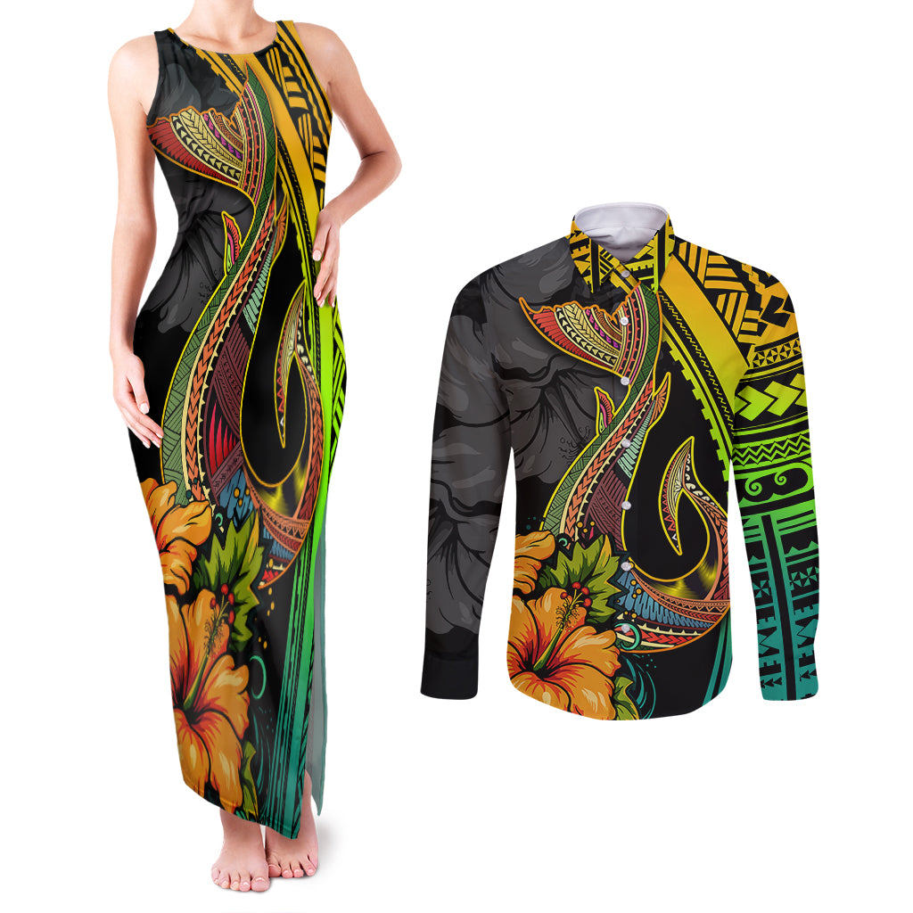 Hawaii Couples Matching Tank Maxi Dress and Long Sleeve Button Shirts Polynesian Fish Hook and Hibiscus Flowers with Gradient Pattern TS04 Multicolor - Polynesian Pride