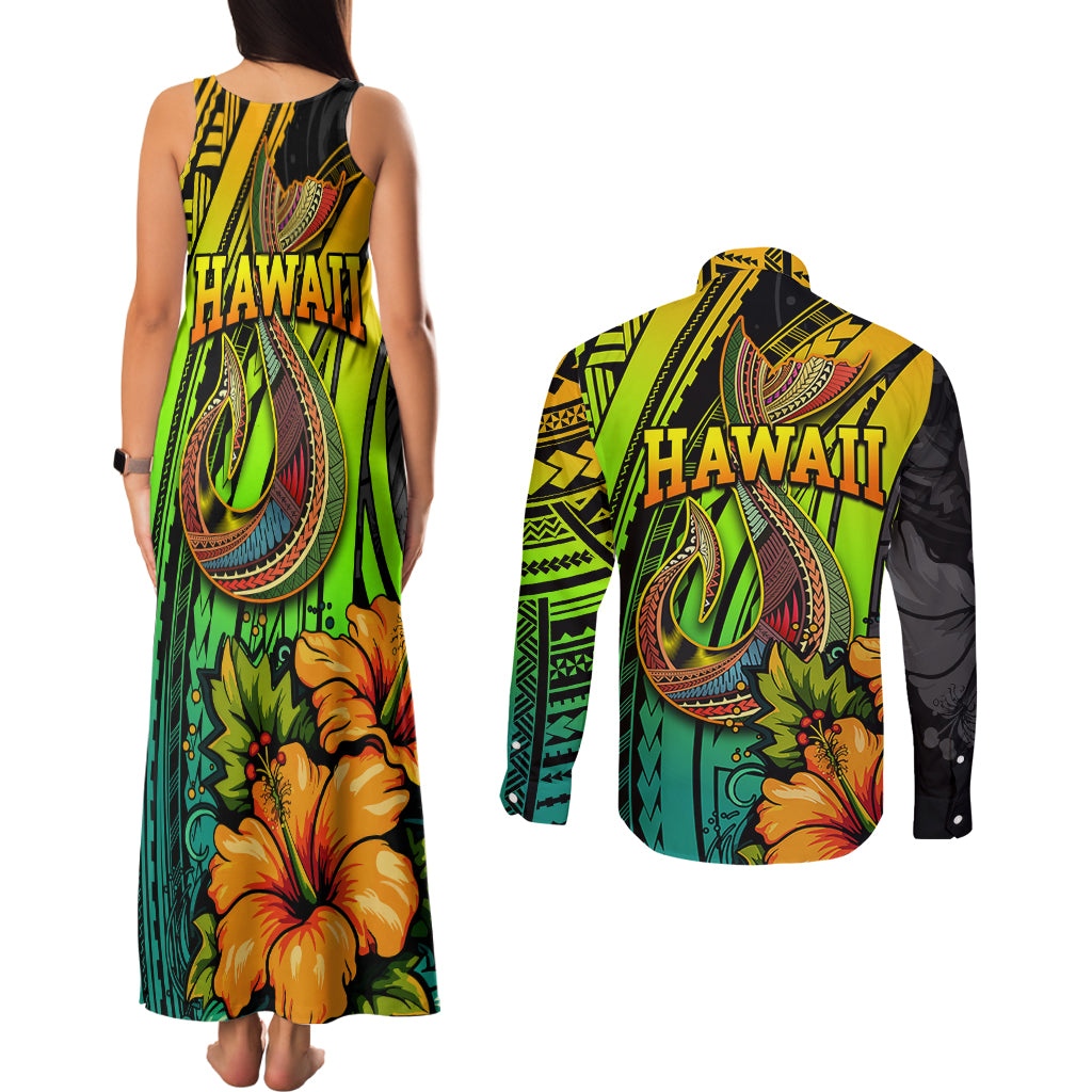 Hawaii Couples Matching Tank Maxi Dress and Long Sleeve Button Shirts Polynesian Fish Hook and Hibiscus Flowers with Gradient Pattern TS04 - Polynesian Pride