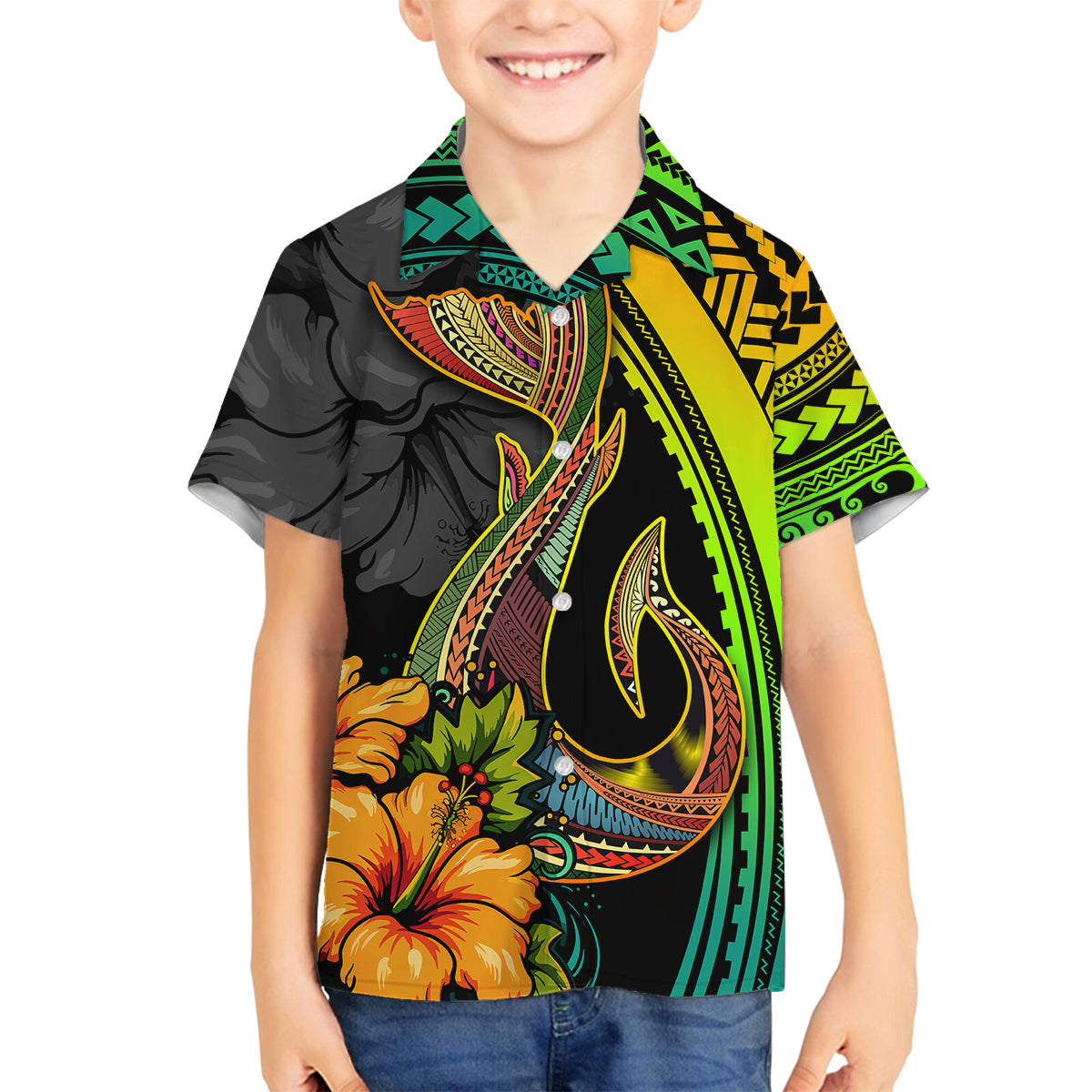 Hawaii Family Matching Off Shoulder Long Sleeve Dress and Hawaiian Shirt Polynesian Fish Hook and Hibiscus Flowers with Gradient Pattern TS04 Son's Shirt Multicolor - Polynesian Pride