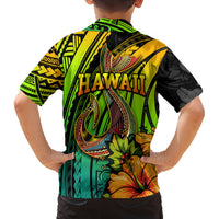 Hawaii Family Matching Off Shoulder Maxi Dress and Hawaiian Shirt Polynesian Fish Hook and Hibiscus Flowers with Gradient Pattern TS04 - Polynesian Pride
