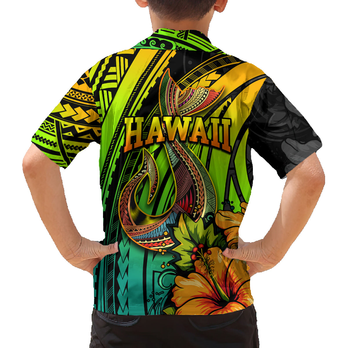 Hawaii Family Matching Off Shoulder Short Dress and Hawaiian Shirt Polynesian Fish Hook and Hibiscus Flowers with Gradient Pattern TS04 - Polynesian Pride
