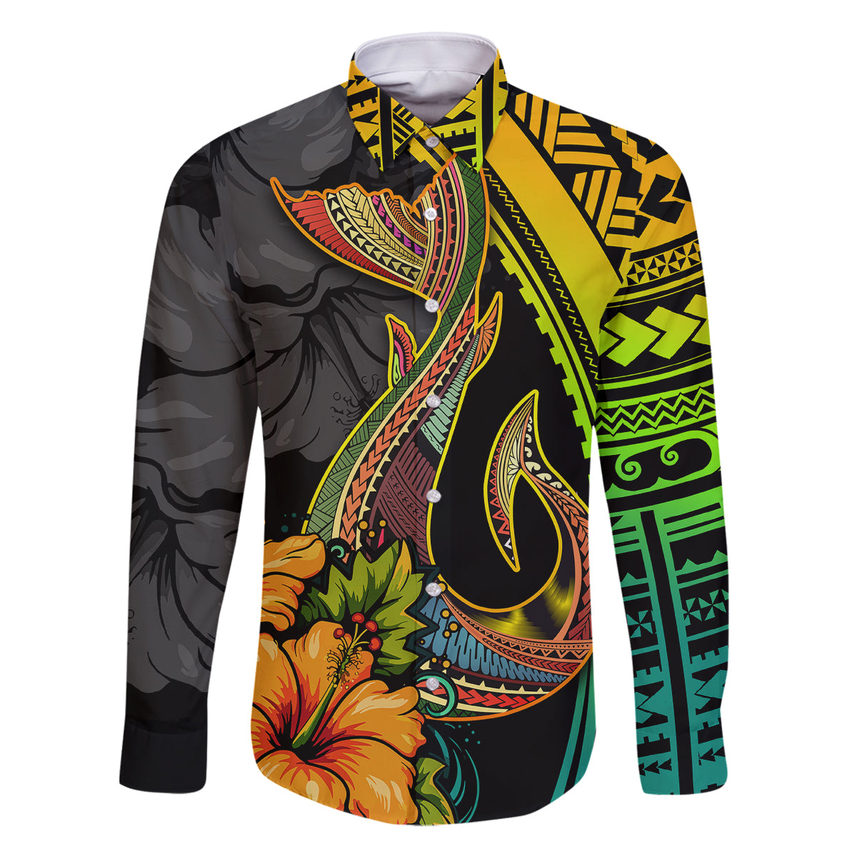 Hawaii Family Matching Off Shoulder Short Dress and Hawaiian Shirt Polynesian Fish Hook and Hibiscus Flowers with Gradient Pattern TS04 Dad's Shirt - Long Sleeve Multicolor - Polynesian Pride