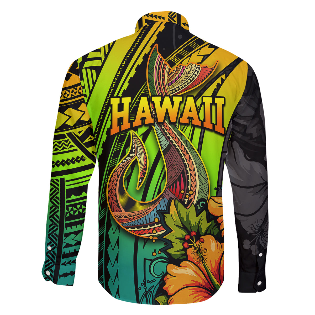 Hawaii Family Matching Off Shoulder Short Dress and Hawaiian Shirt Polynesian Fish Hook and Hibiscus Flowers with Gradient Pattern TS04 - Polynesian Pride