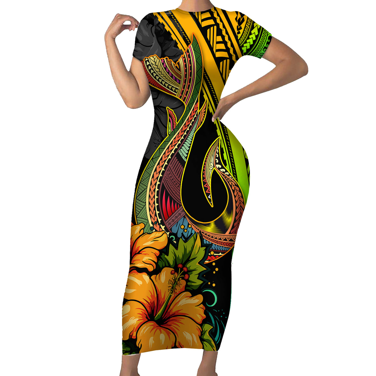 Hawaii Short Sleeve Bodycon Dress Polynesian Fish Hook and Hibiscus Flowers with Gradient Pattern TS04 Long Dress Multicolor - Polynesian Pride
