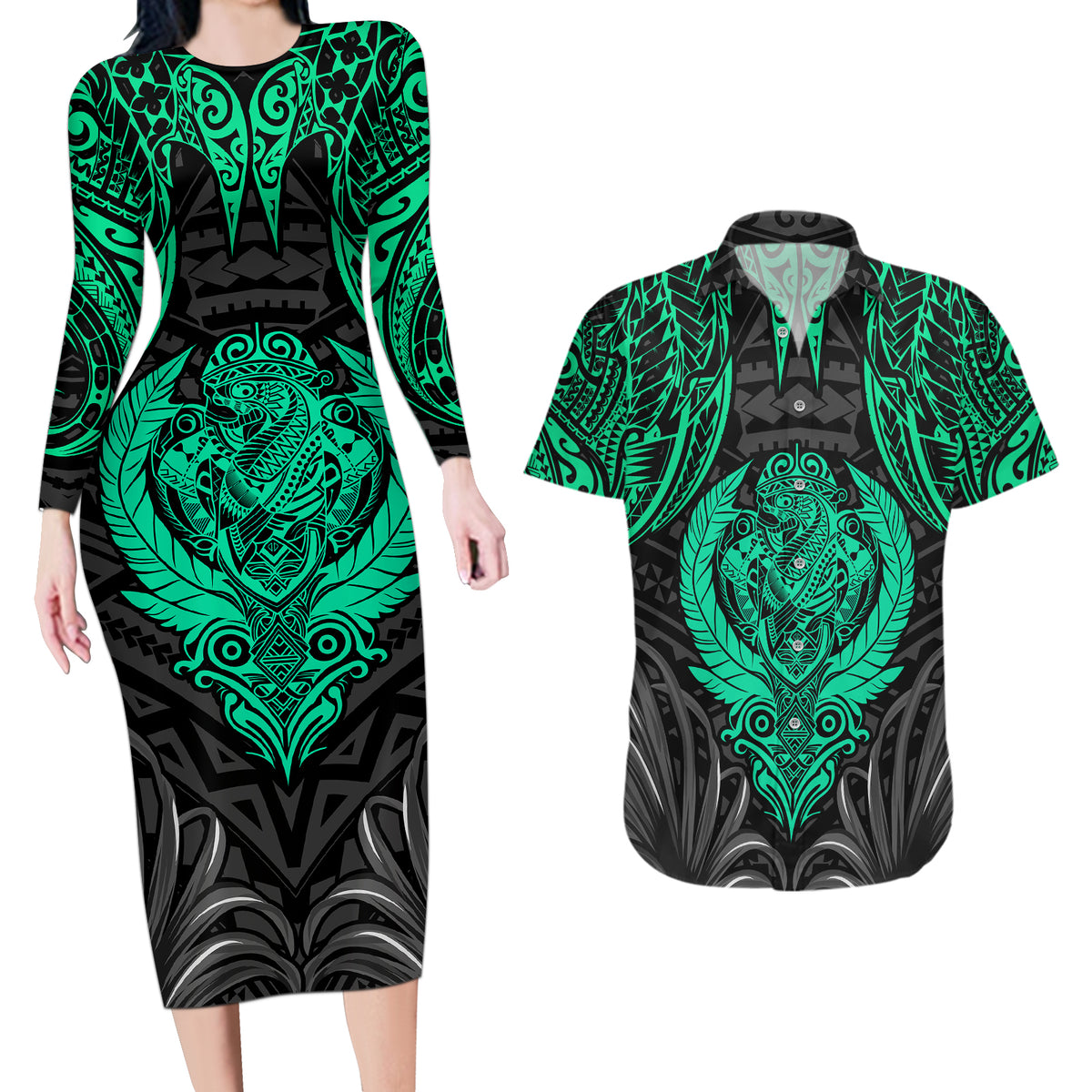 Polynesian Couples Matching Long Sleeve Bodycon Dress and Hawaiian Shirt Abstract Tiki TS04 Black/Yellow - Polynesian Pride