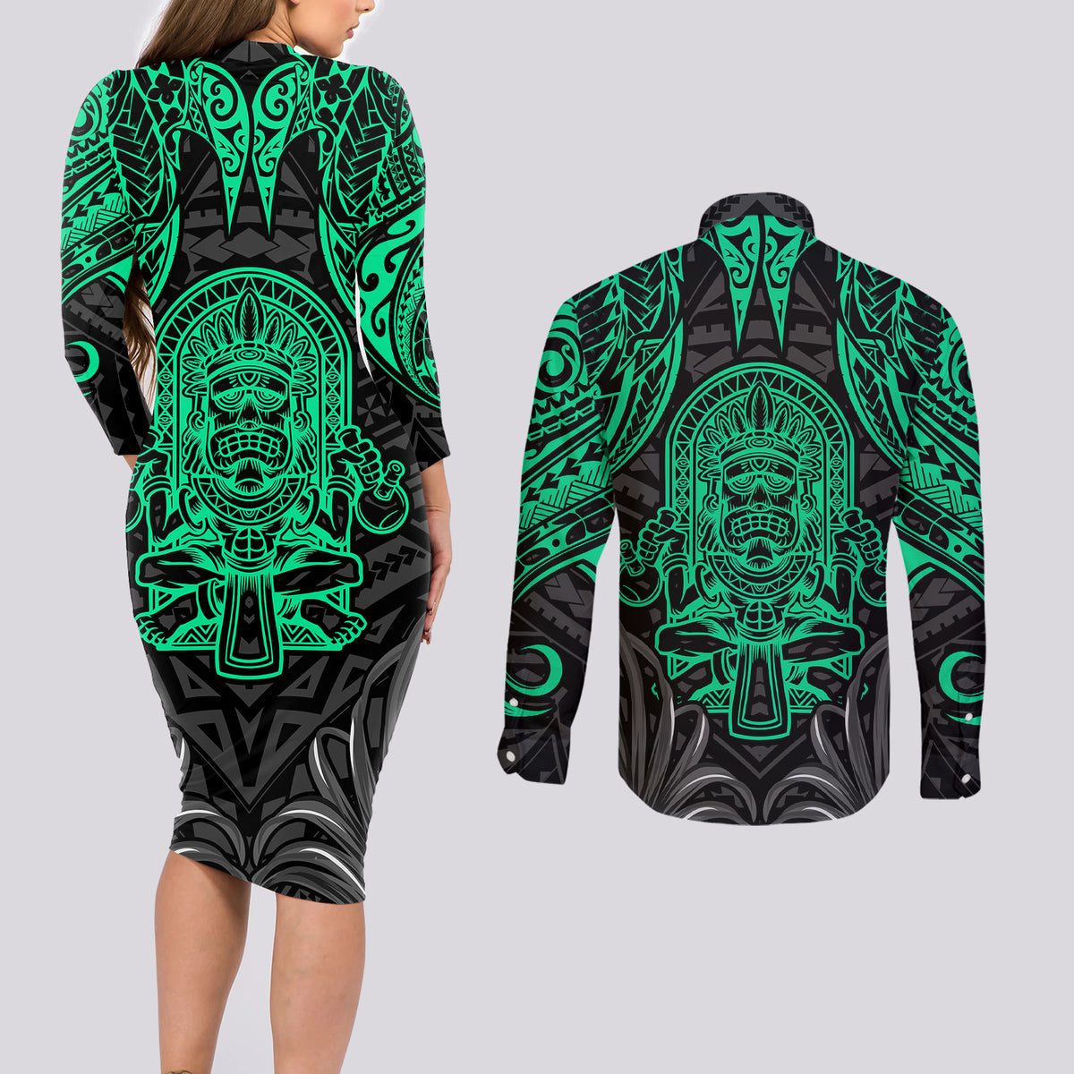 Polynesian Couples Matching Long Sleeve Bodycon Dress and Long Sleeve Button Shirts Abstract Tiki TS04 - Polynesian Pride