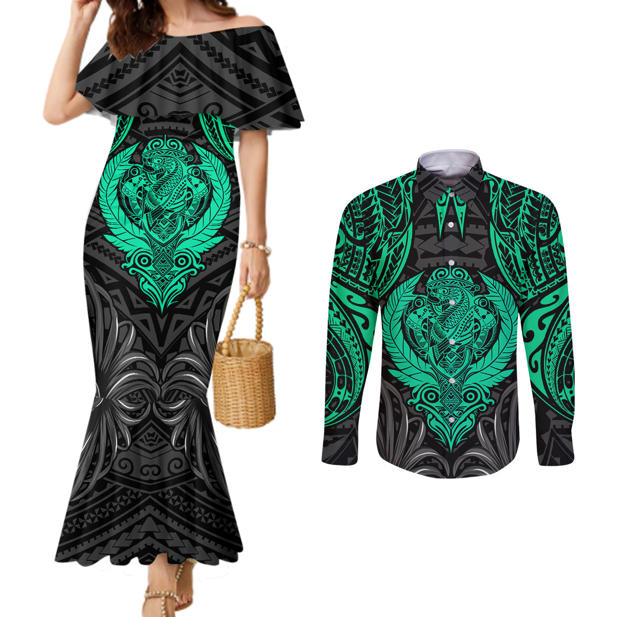 Polynesian Couples Matching Mermaid Dress and Long Sleeve Button Shirts Abstract Tiki TS04 Black/Yellow - Polynesian Pride