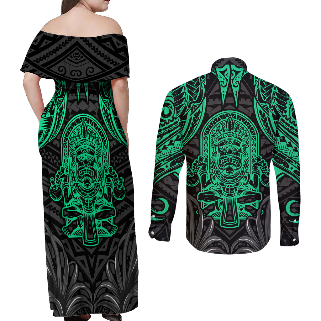 Polynesian Couples Matching Off Shoulder Maxi Dress and Long Sleeve Button Shirts Abstract Tiki TS04 - Polynesian Pride