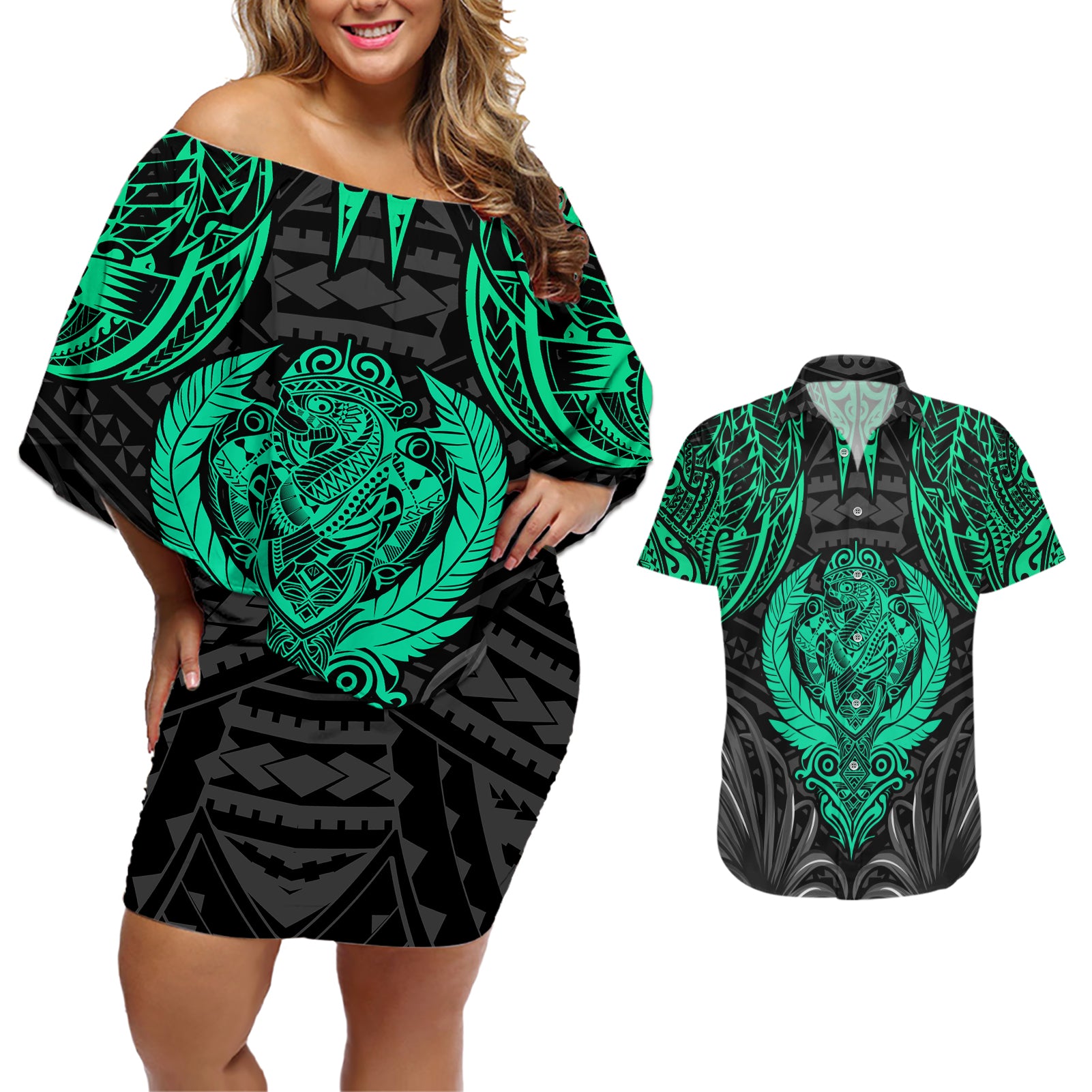 Polynesian Couples Matching Off Shoulder Short Dress and Hawaiian Shirt Abstract Tiki TS04 Black/Yellow - Polynesian Pride