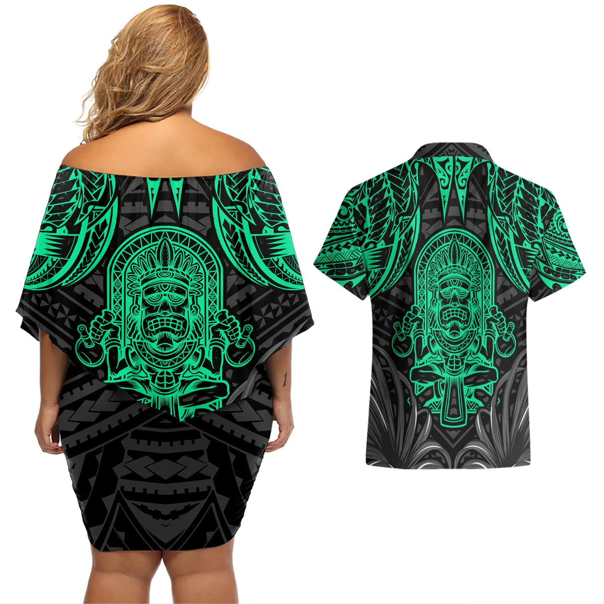 Polynesian Couples Matching Off Shoulder Short Dress and Hawaiian Shirt Abstract Tiki TS04 - Polynesian Pride
